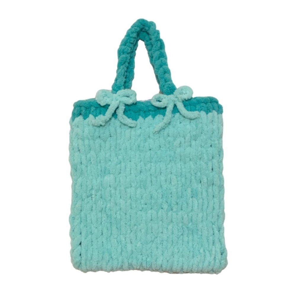 Handmade Turquoise Blue Teal Colorblock Bow Chunky Chenille Knit Tote Bag Purse